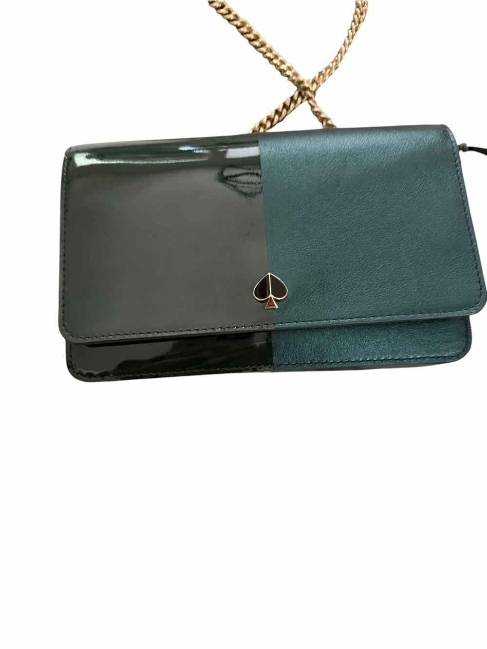 kate spade NWT Nicola Bi-Color Patent & Leather Deep Evergreen Chain Crossbody - Picture 2 of 9